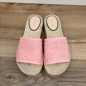 Gucci Pink Embroidered Jute Slide Sandals